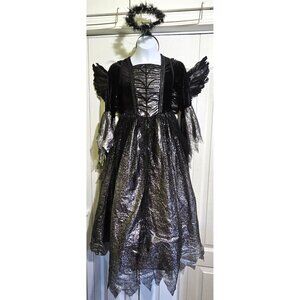 Dark Fallen Gothic Angel Costume Girls 8-10 Witch Dress Wings Halo Black Velvet